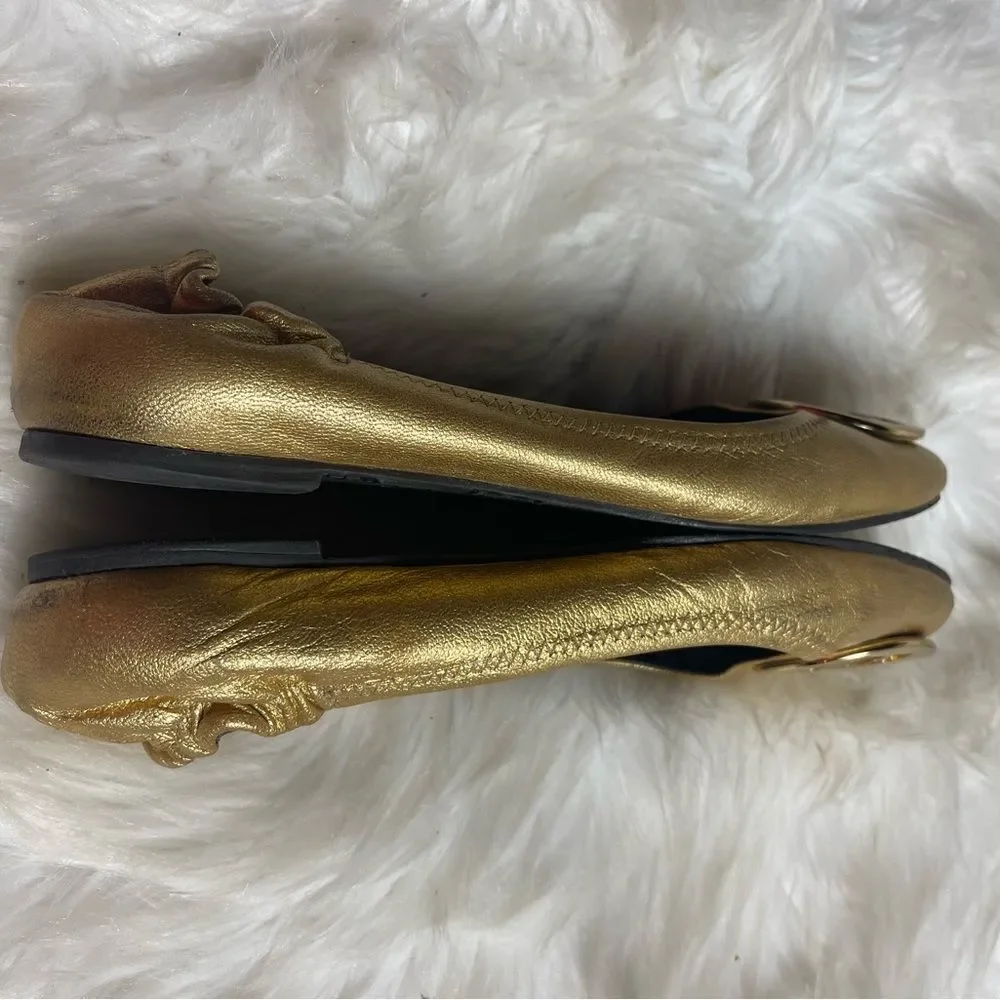 Tory Burch leather Gold slip on  flats round toe gold tone logo accent SZ9M